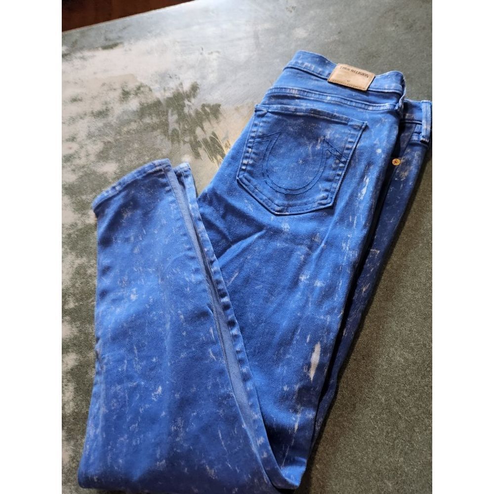 True Religion Halle mid rise super skinny acid wash patch crop jeans sz 30